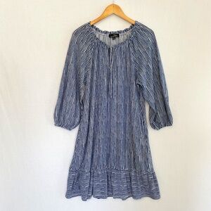 SUZANNE BETRO Sz XL Blue White Stripe Peasant Style Ruffle Hem Long Sleeve Dress